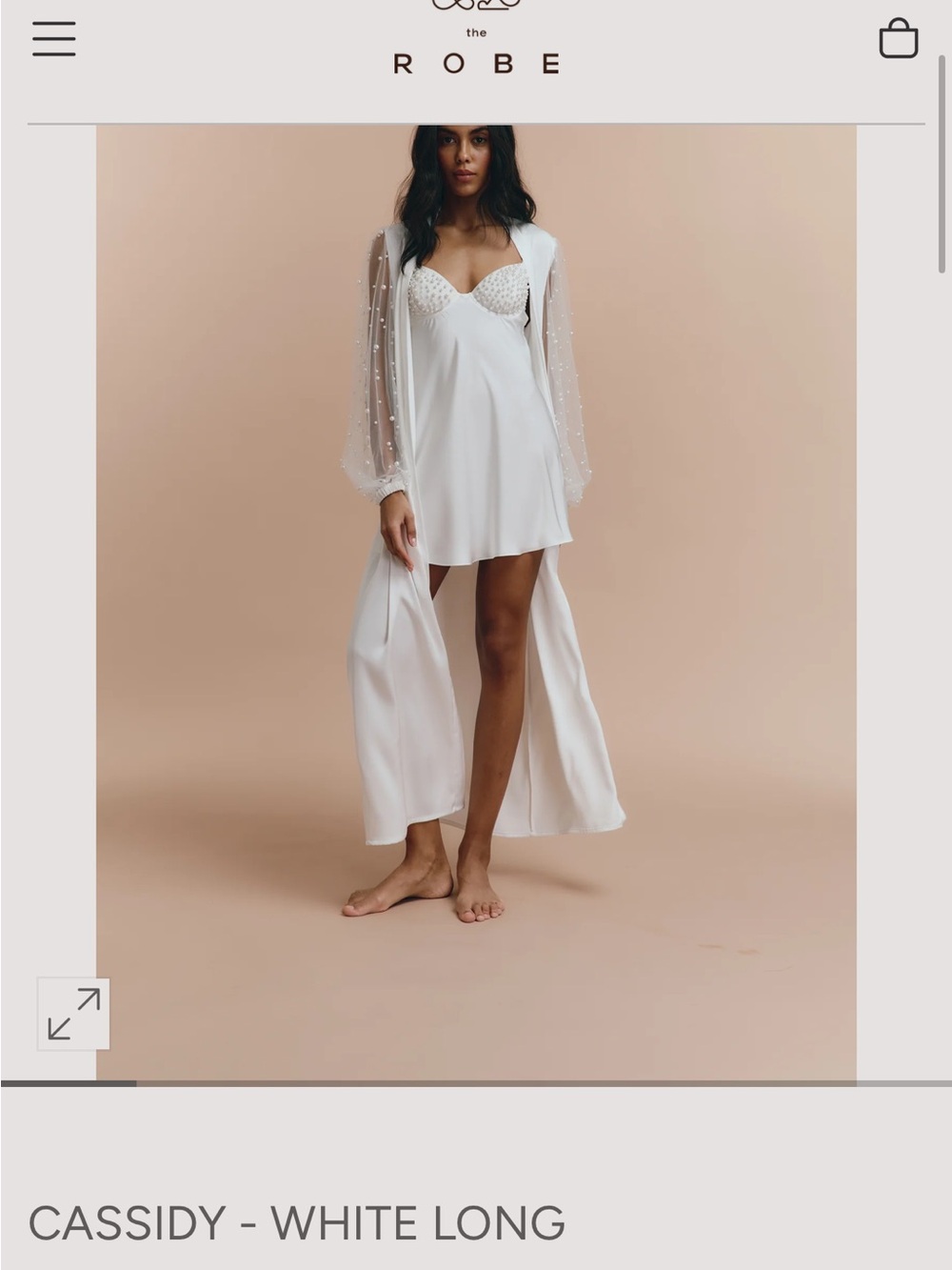 Cassidy White Long Satin Robe with Pearl-Embellished Mesh Sleeves